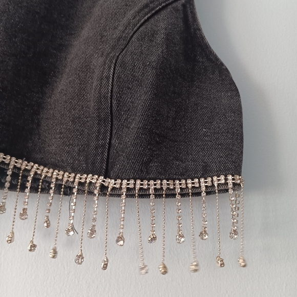 GeeGee Black Washed Denim Cropped Top Rhinestone Fringe S - Picture 4 of 6